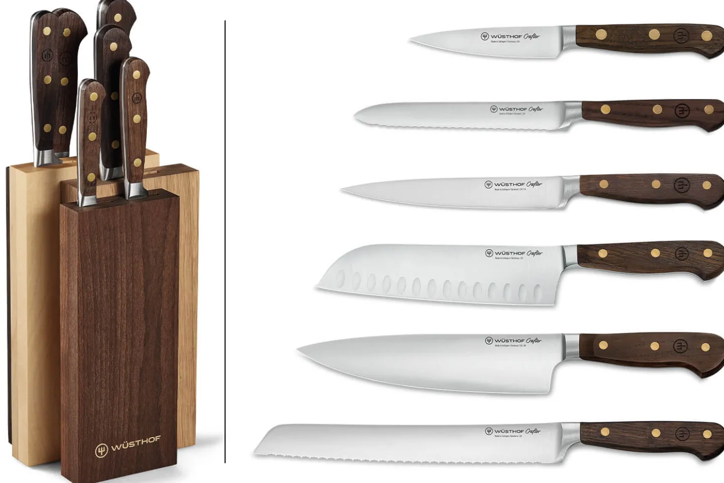 Bloc 6 couteaux forgés Wüsthof Crafter design en chêne, érable et hêtre