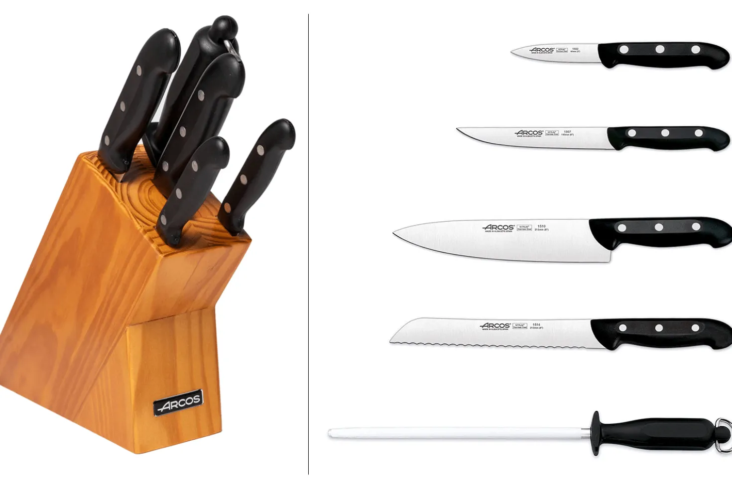 Bloc en pin 4 couteaux + 1 fusil Arcos MAITRE lames acier inox NITRUM