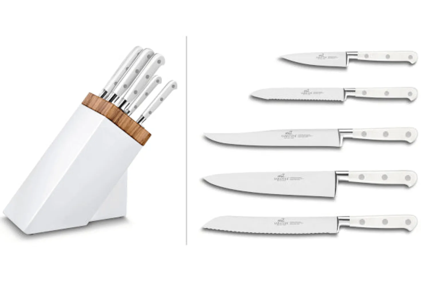 Bloc Sabatier blanc et olivier 5 couteaux forgés Toque Blanche