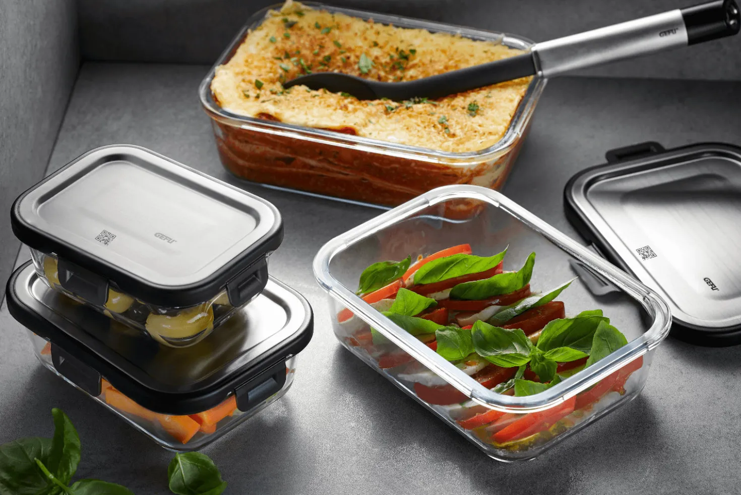 Boîte de conservation rectangulaire au frais Gefu Milo en verre borosilicaté et acier inox 400ml