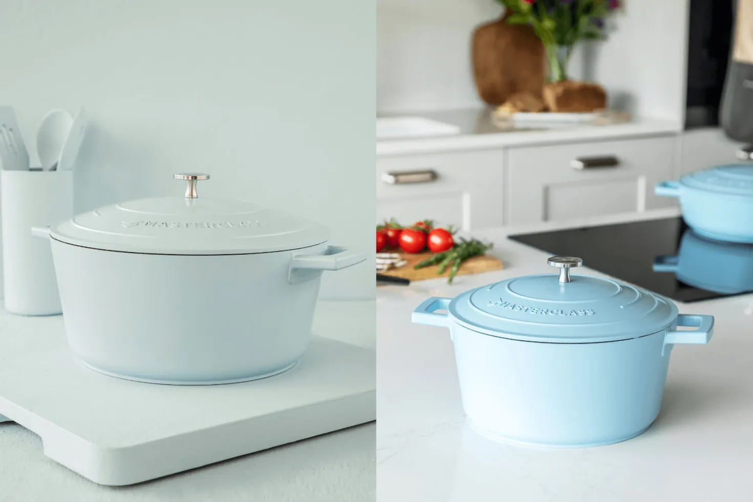 Cocotte MasterClass compatible induction en fonte d'aluminium bleu pastel 4L