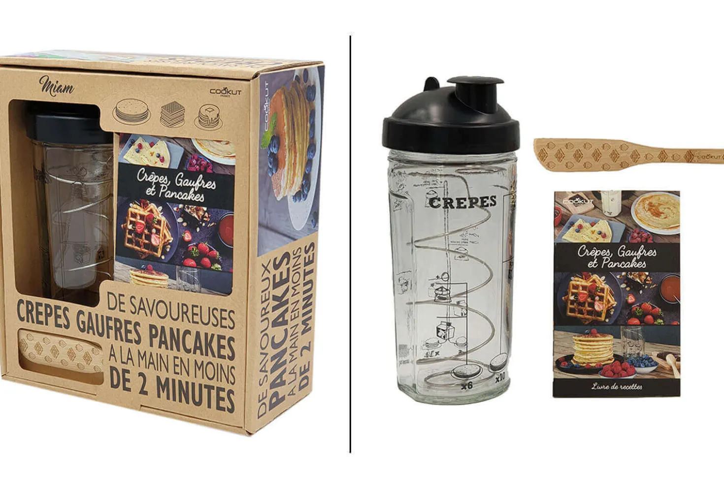 Coffret cadeau Cookut Shaker crêpes, pancakes + gaufres - 1 shaker + 1 tartineur + 1 livre recettes