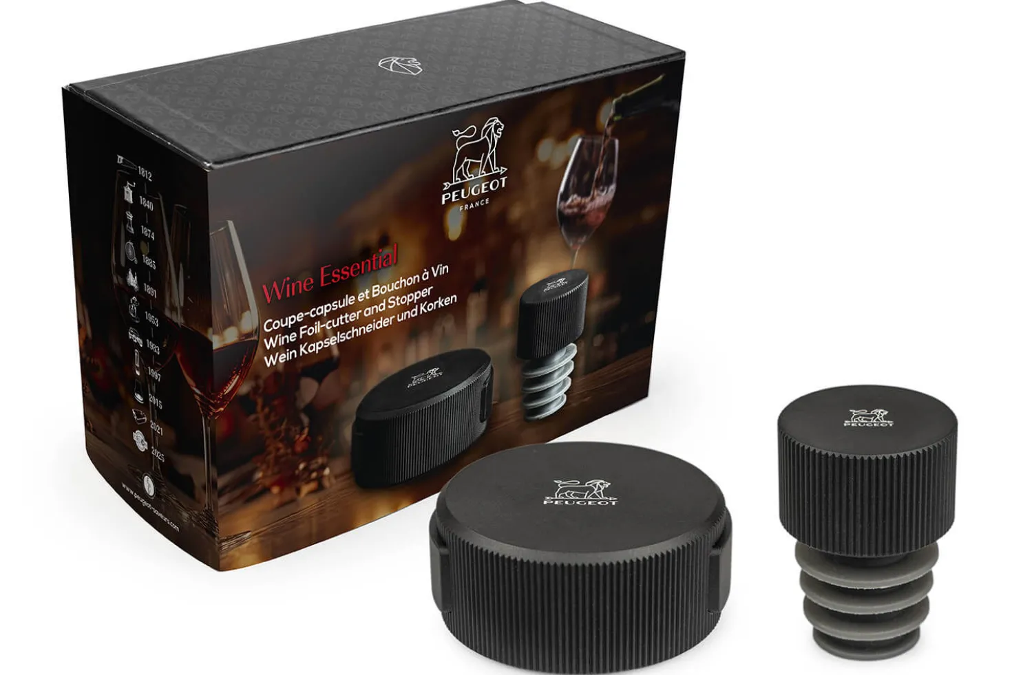 Coffret cadeau Peugeot Wine Essential coupe-capsule et bouchon à vin