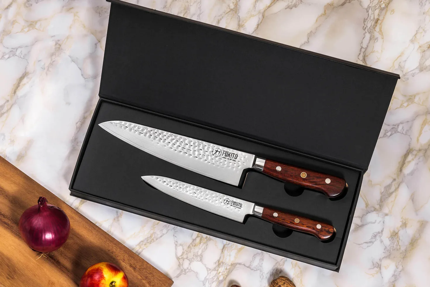Coffret 2 couteaux de cuisine Fukito Rosewood Damas 67 couches : Universel + Chef