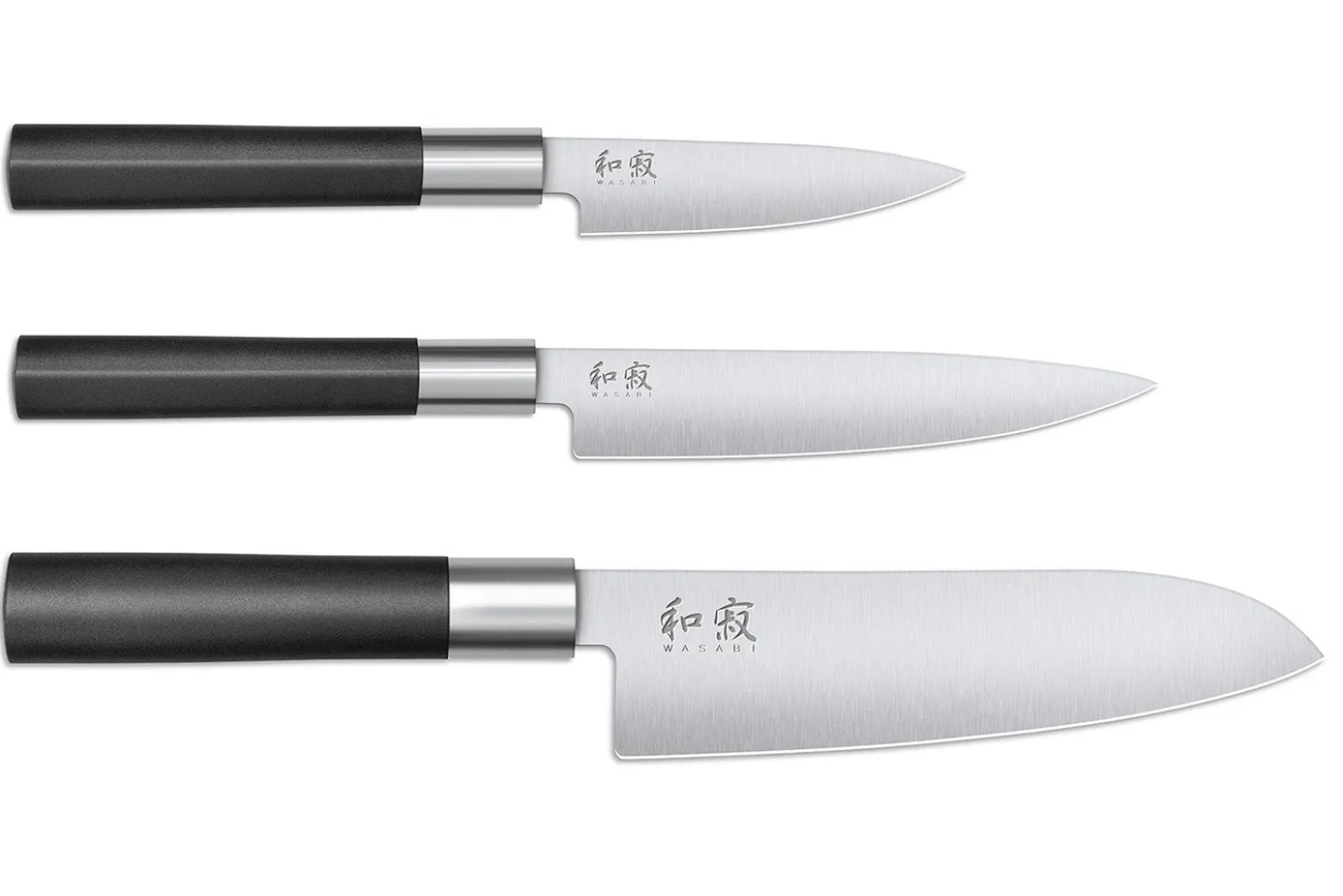 Coffret 3 couteaux Kai Wasabi Black : Universel 10cm et 15cm et Santoku 16,5cm