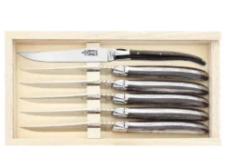 Coffret 6 couteaux Laguiole Arbalète G.DAVID 21cm inox manche façon corne noire mitre inox