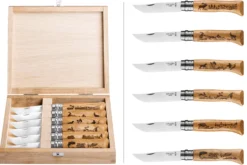 Coffret 6 couteaux Opinel Tradition Gravures Animalia n°08 lame 8,5cm manche chêne
