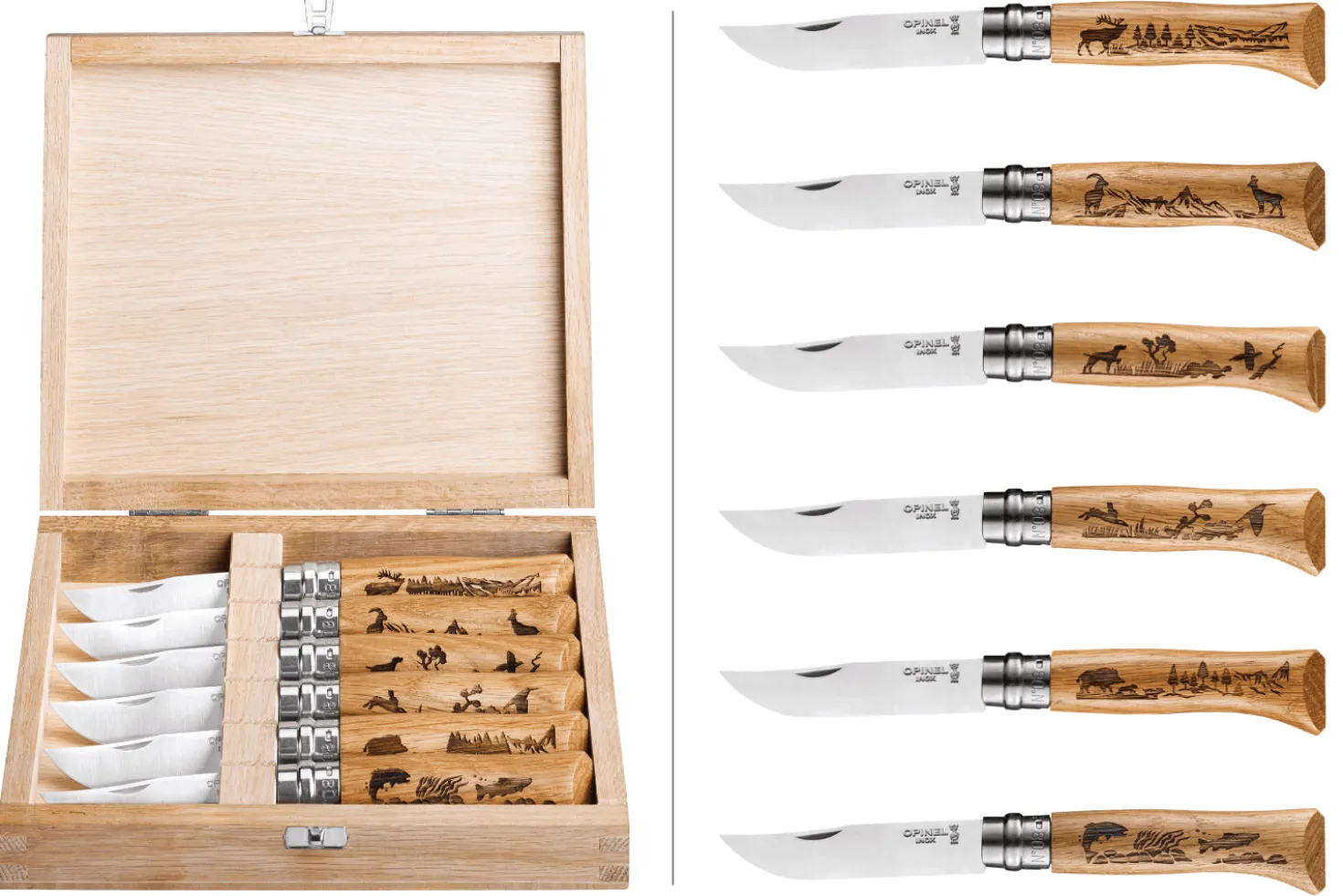 Coffret 6 couteaux Opinel Tradition Gravures Animalia n°08 lame 8,5cm manche chêne