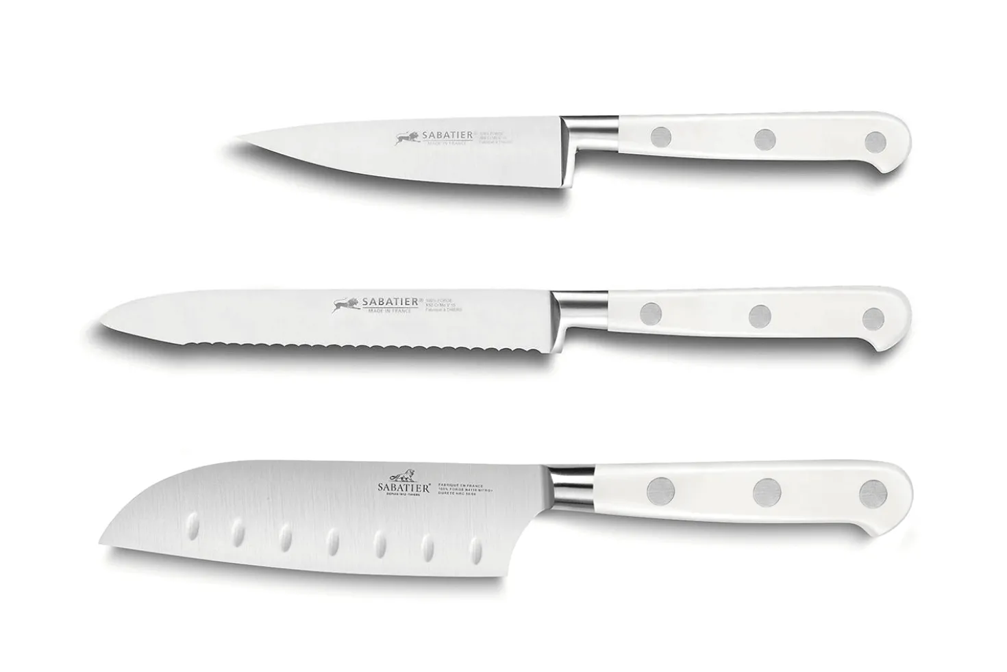 Coffret 3 couteaux Sabatier Toque Blanche Office + Universel + Mini Santoku