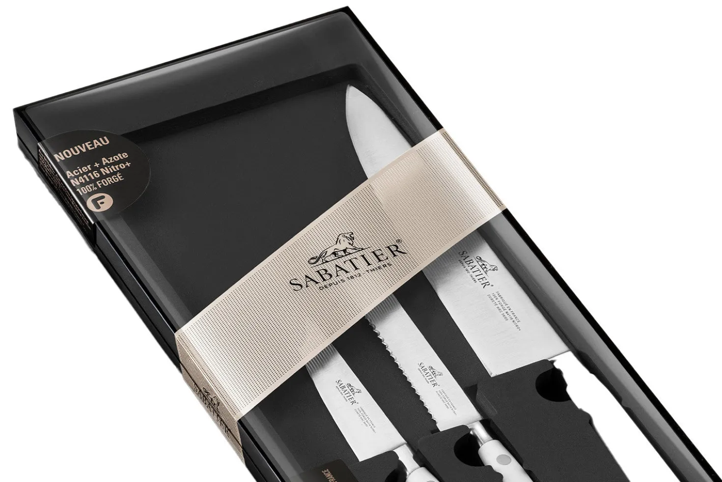 Coffret 3 couteaux Sabatier Toque blanche 100% forgé manches rivetés
