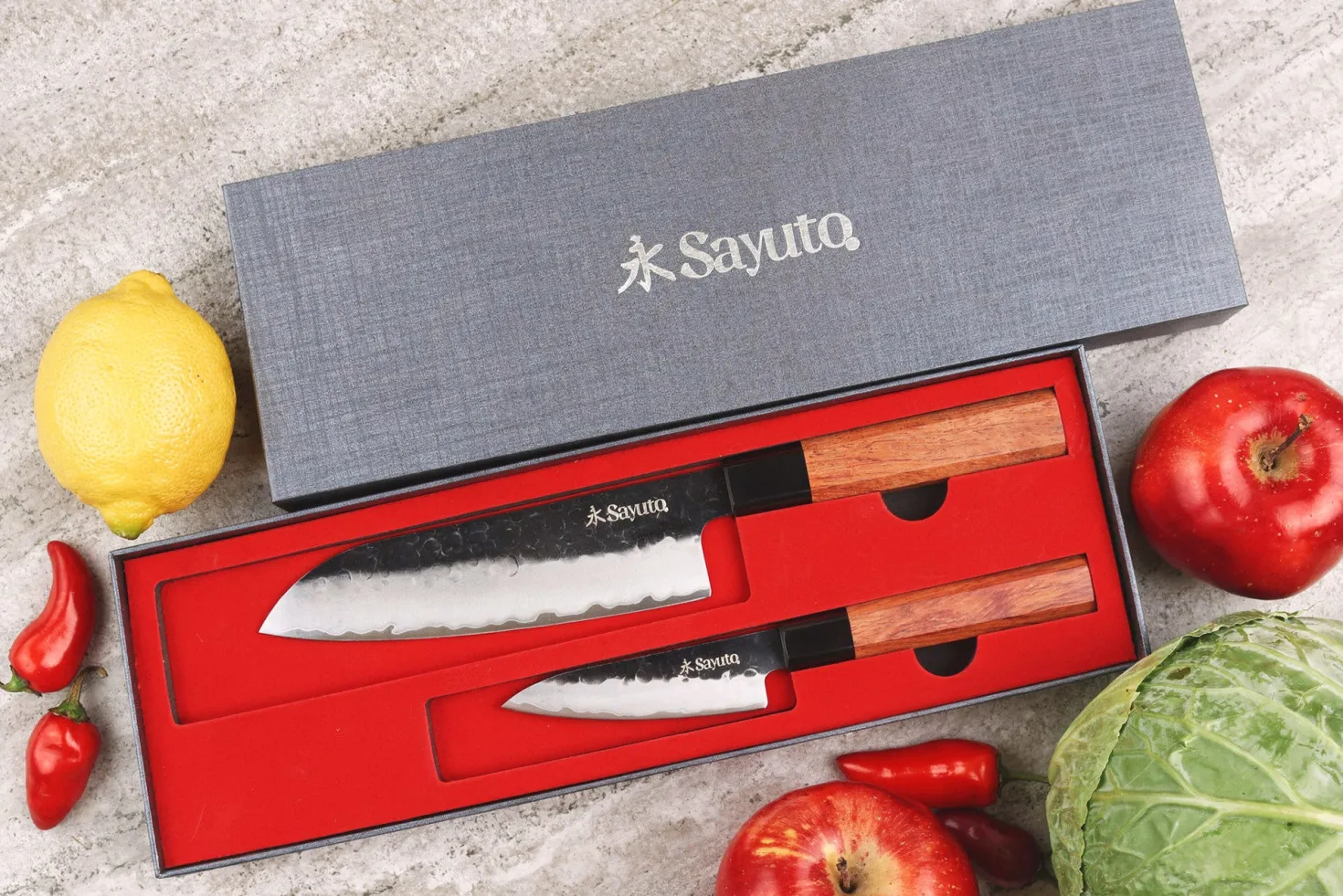Coffret 2 couteaux Sayuto Séquoia San Mai Santoku + Office