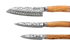 Coffret 3 couteaux Wusaki Damas 10Cr olivier Santoku + Universel + Office