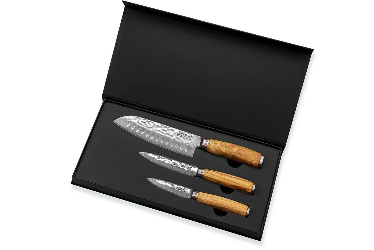 Coffret 3 couteaux Wusaki Damas 10Cr olivier Santoku + Universel + Office