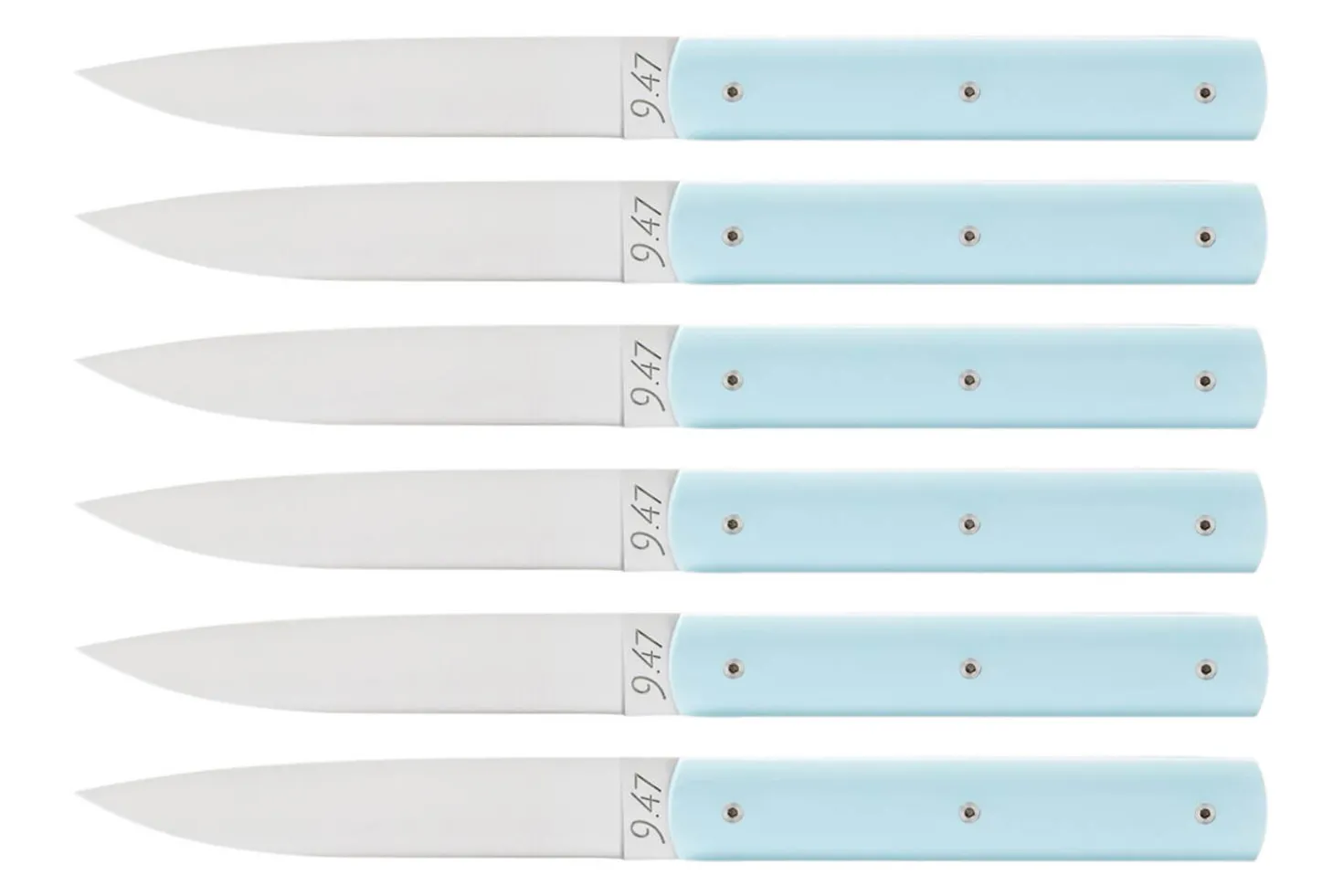 Coffret de 6 couteaux de table faits mains Perceval 9.47 bleu ciel