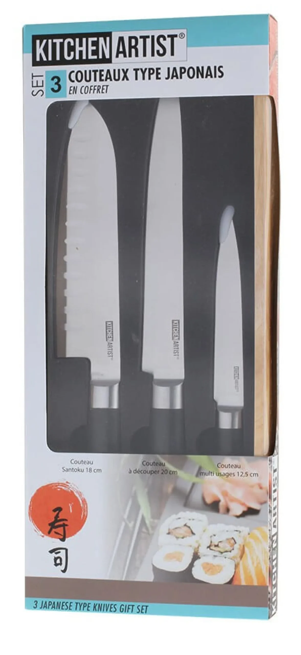 Coffret de 3 couteaux type japonais Kitchen Artist design authentique