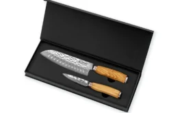Coffret de 2 couteaux Wusaki Damas 10Cr manches en olivier Santoku + Office