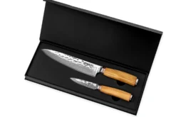 Coffret de 2 couteaux Wusaki Damas 10Cr manches en olivier Chef + Office