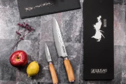 Coffret de 2 couteaux Wusaki Damas 10Cr manches en olivier Chef + Office