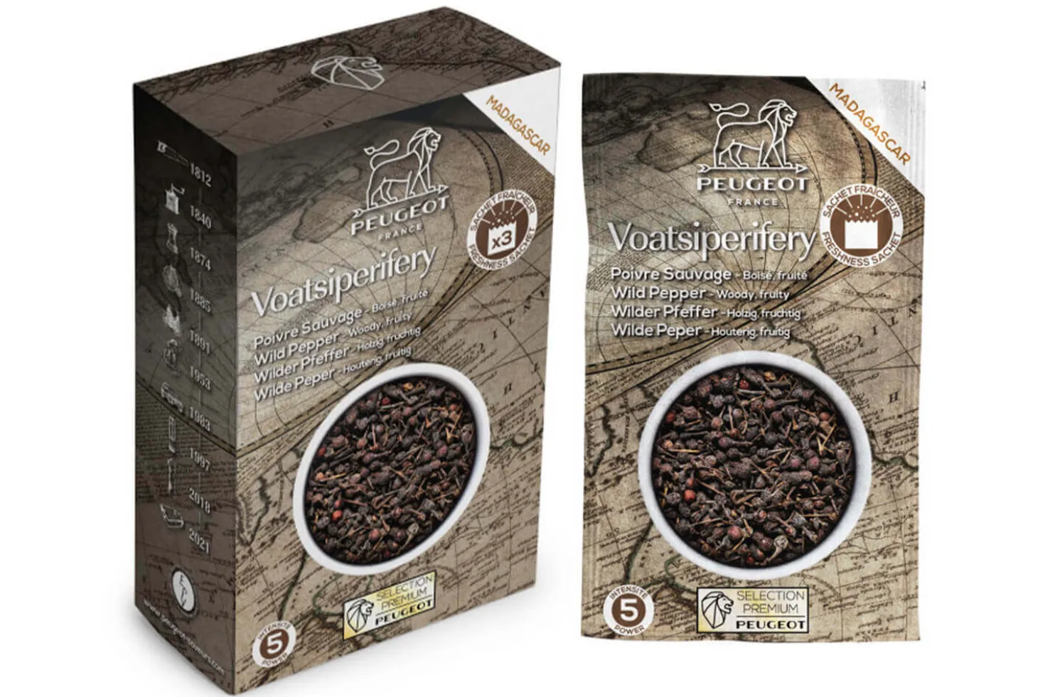 Coffret de 3 sachets fraîcheur Peugeot Premium poivre sauvage de Madagascar Voatsiperifery - 3x20g
