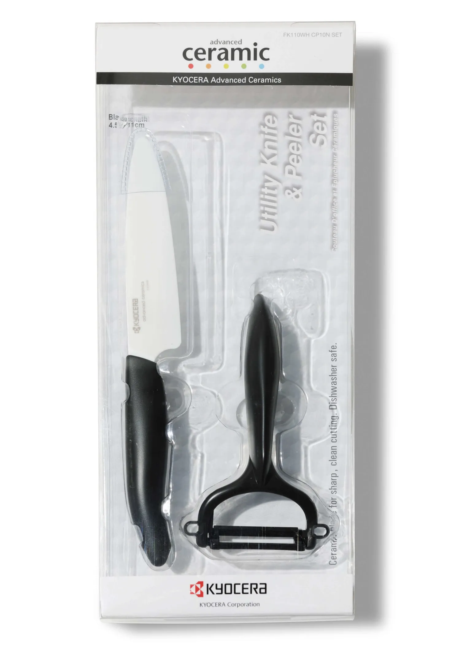 Coffret KYOCERA couteau d'office 11 cm + Eplucheur céramique manches noirs