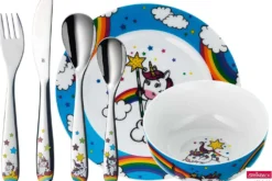Coffret repas enfants WMF Licorne acier inox 18/10 et porcelaine