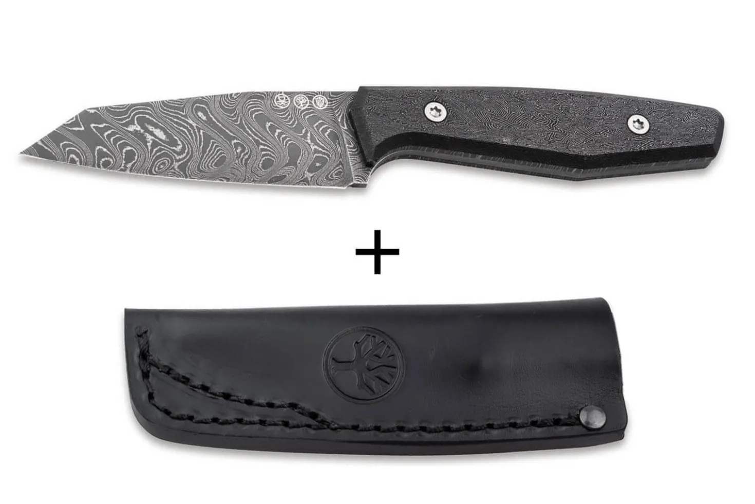 Couteau Böker AK1 Damas 122509DAM lame damassée 7,9cm manche en carbone + étui en cuir