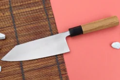 Couteau deba kiritsuke 18cm japonais artisanal Hatsukokoro Shirasagi manche en teck