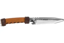 Couteau de chasse Wildsteer WILD0101P forgé lame tanto 11,5cm manche cuir clair + étui en cuir assorti + pierre à feu