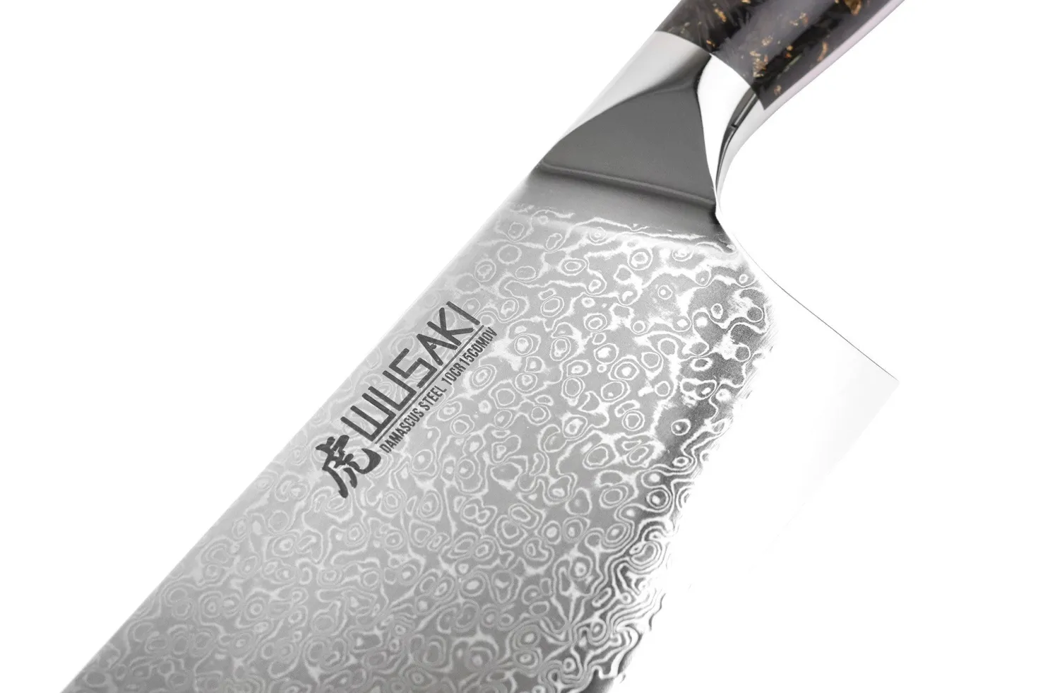 Couteau de chef chinois Wusaki Sakin Damas 10Cr 19cm manche en fibre de carbone et feuille d'or