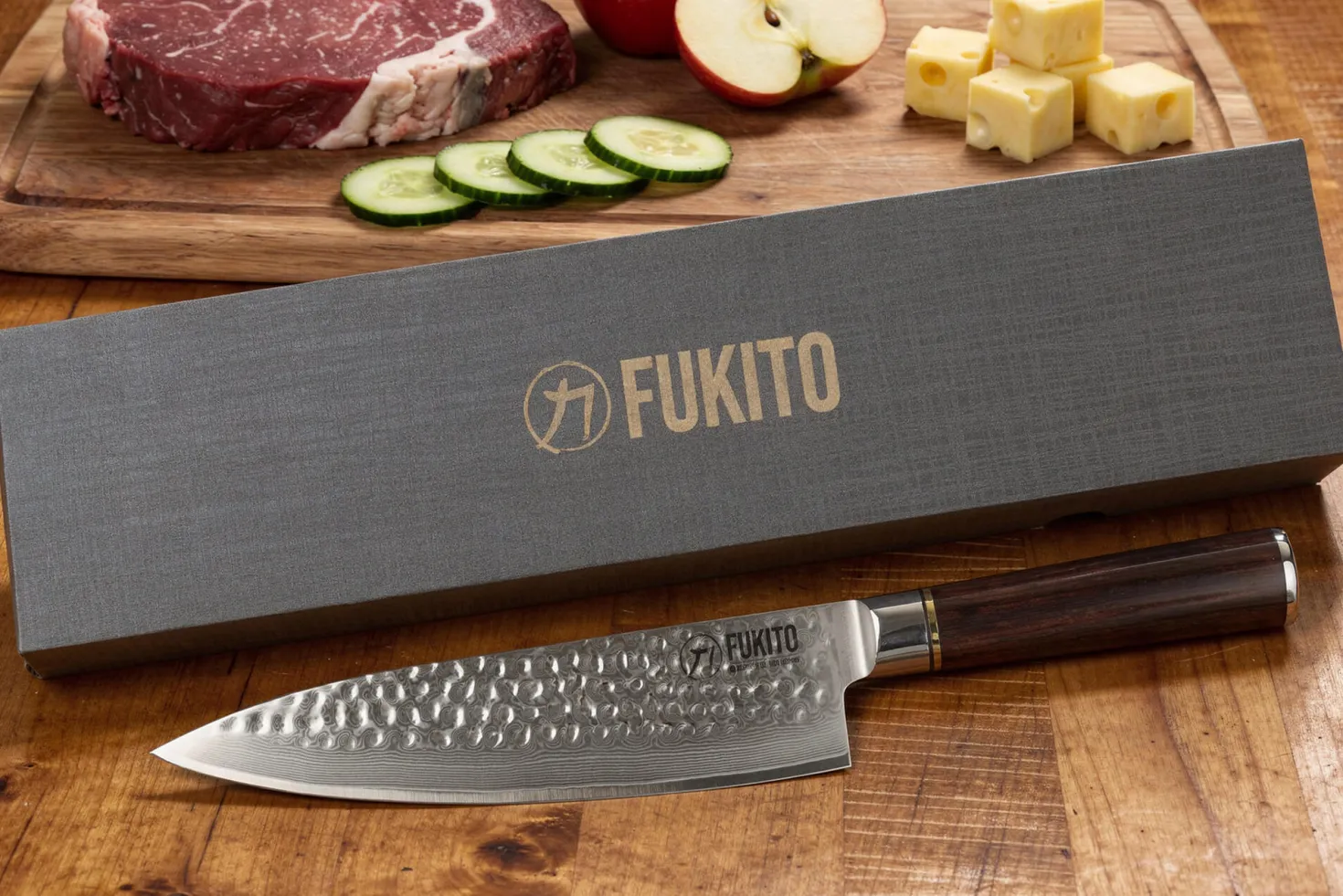 Couteau de chef 20cm Fukito Ébène Damas martelé