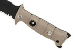 Couteau de survie Wildsteer Tork lame noire semi-dentée 13,3cm manche Tactiprène marron avec brise-vitre + étui + pierre à feu