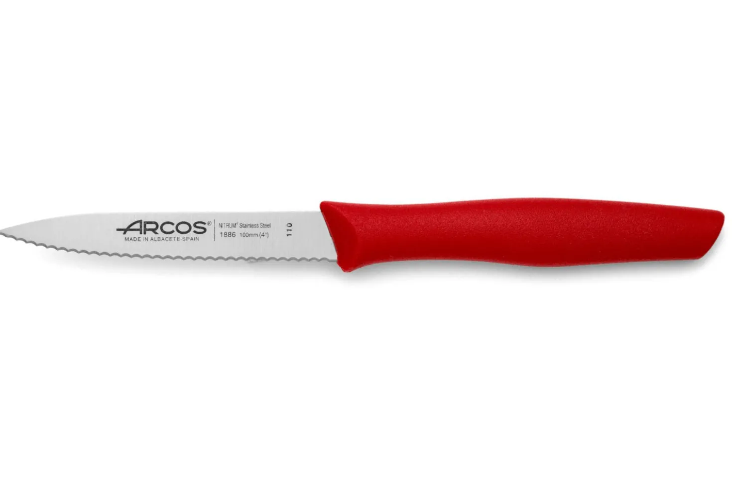 Couteau d'office Arcos Nova lame dentée en acier Nitrum manche rouge 10cm