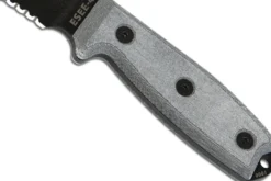 Couteau Esee 4 ESEE-4S-B lame semi-dentée acier carbone noir 11,6cm manche micarta gris + étui