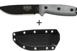 Couteau Esee 4 ESEE-4S-B lame semi-dentée acier carbone noir 11,6cm manche micarta gris + étui