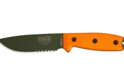 Couteau Esee 4 ESEE-4S-OD lame semi-dentée acier carbone vert 11,6cm manche G10 orange + étui