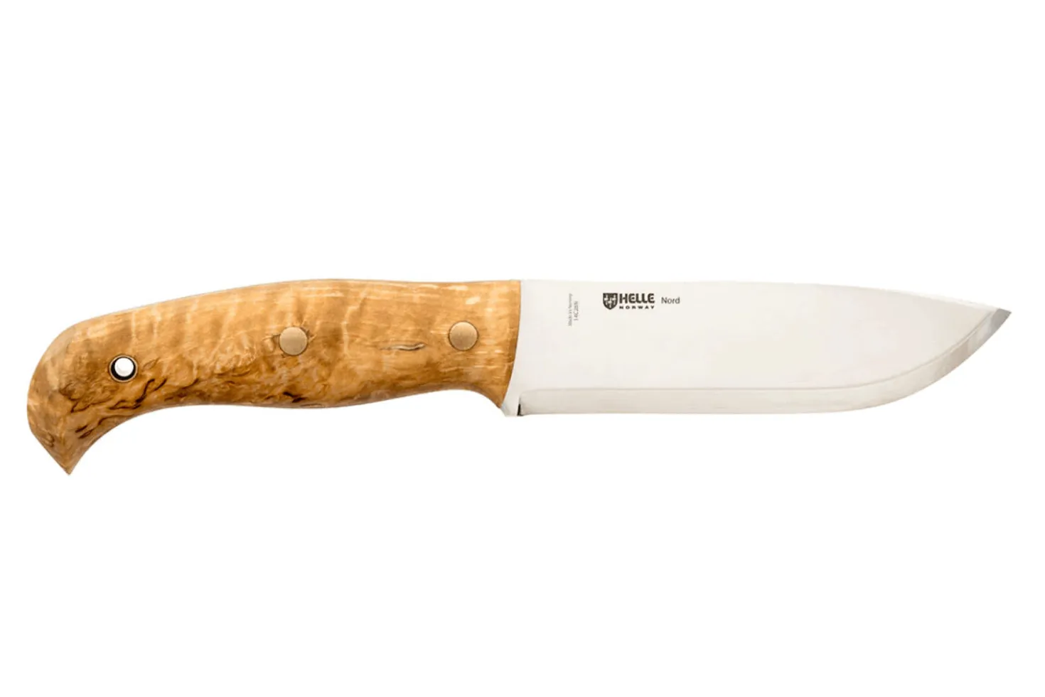 Couteau Helle Nord H670 lame en acier 14,7cm manche en bouleau frisé + étui en cuir