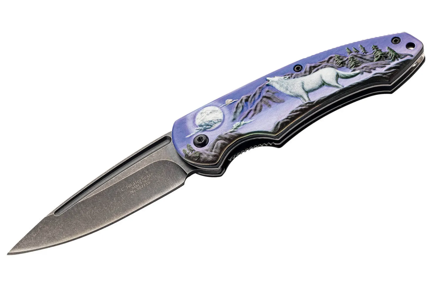 Couteau pliant Herbertz 587712 manche aluminium décoration 3D motif loup 11,5cm