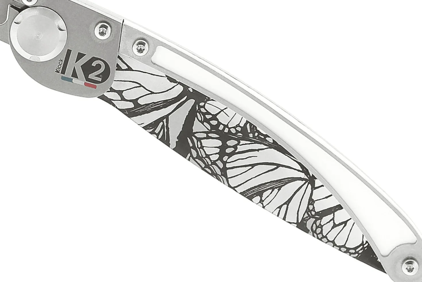 Couteau pliant K2 Elegance K2.21M manche inox décor papillon 11,5cm + étui suédine