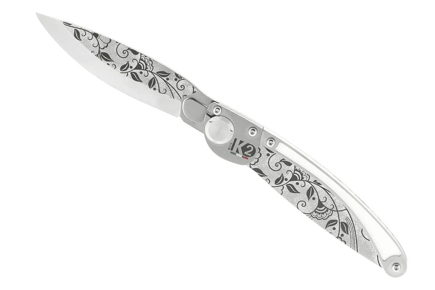 Couteau pliant K2 Elegance K2.20M manche inox décor arabesque 11,5cm + étui suédine