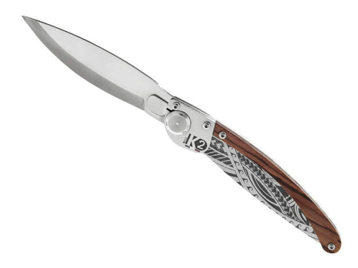 Couteau pliant K2.04M manche bois de violette et acier décor art polynésien 11,5cm