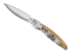 Couteau pliant K2.02M manche olivier et acier décor feuilles 11,5cm