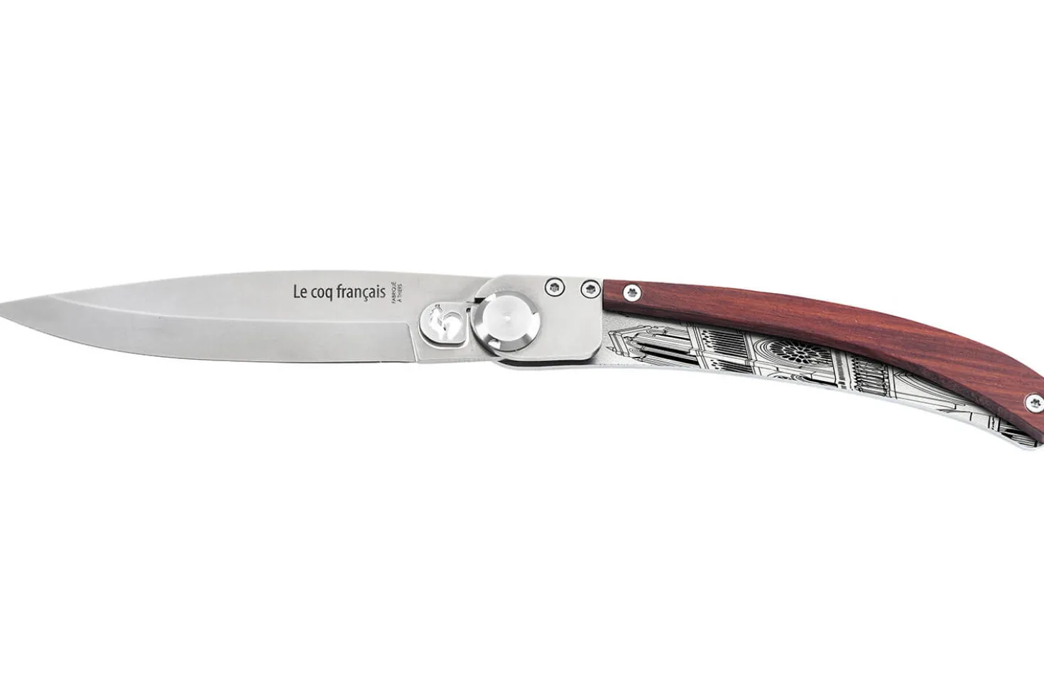 Couteau pliant Le Coq Français Notre Dame de Paris Red Heart artisanal manche bois rouge 11,5cm + étui