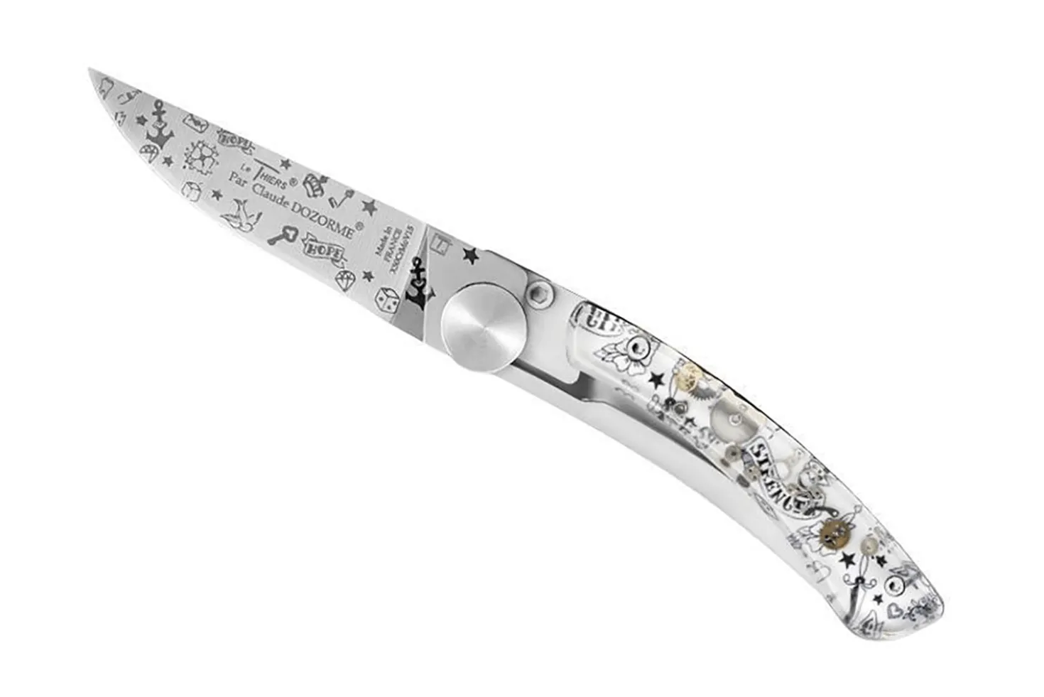 Couteau pliant Le Thiers Liner Lock Claude Dozorme décor old school 10,5cm