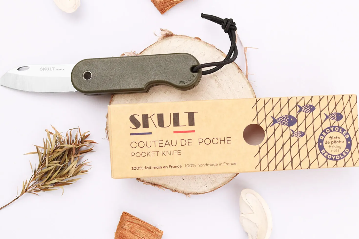 Couteau pliant Skult français éco-responsable manche vert 10cm