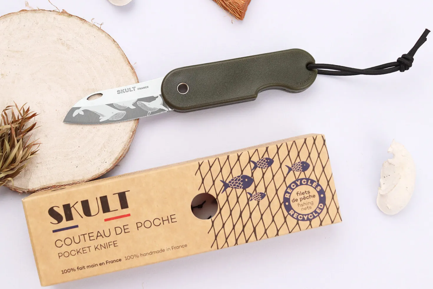 Couteau pliant Skult français éco-responsable Les 3 Graces manche vert 10cm