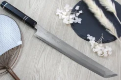 Couteau sakimaru takohiki japonais artisanal Naoki Mazaki Damascus biseauté 27cm