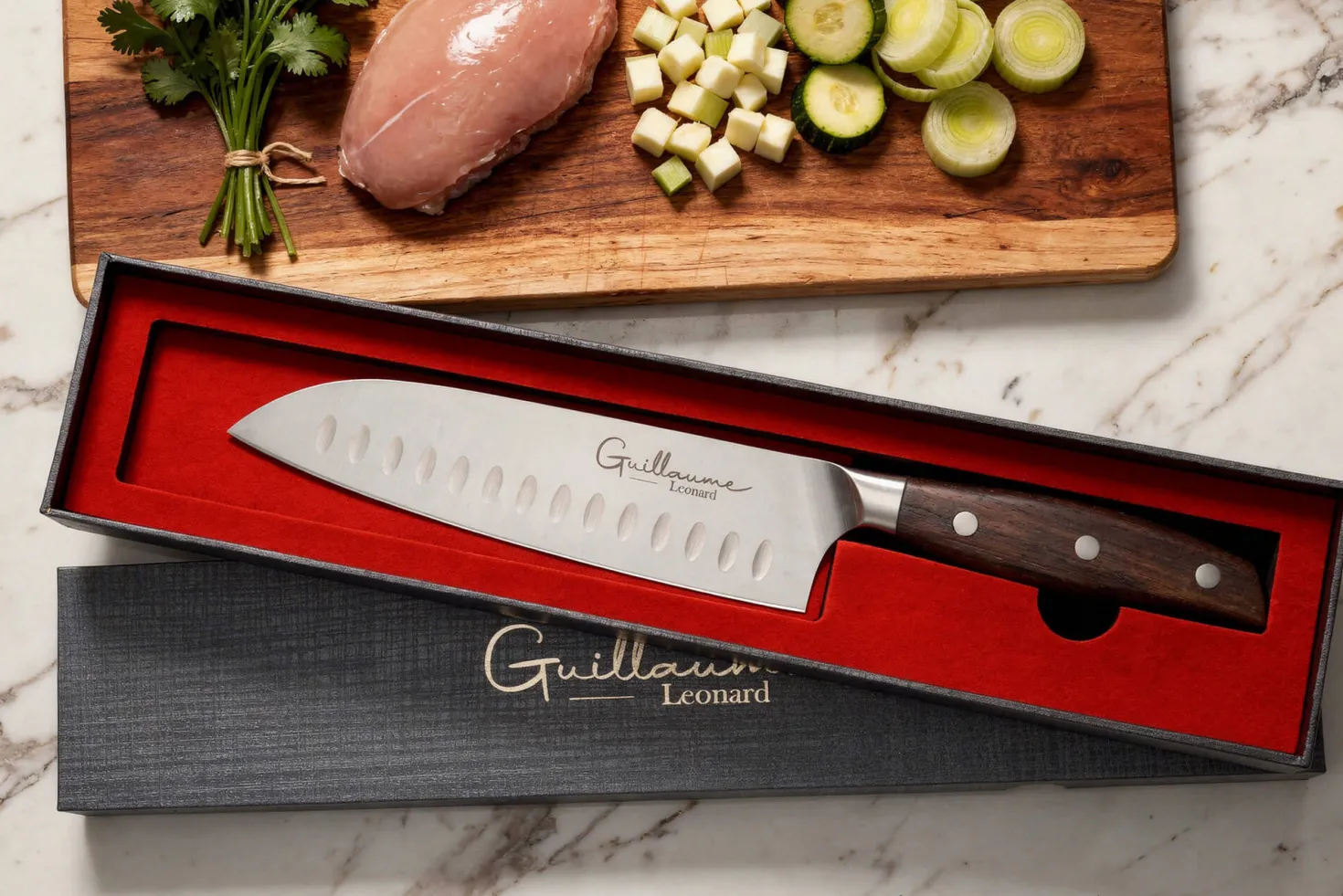 Couteau santoku 17cm Guillaume Leonard Cuistot en acier inoxydable et bois de santal rouge