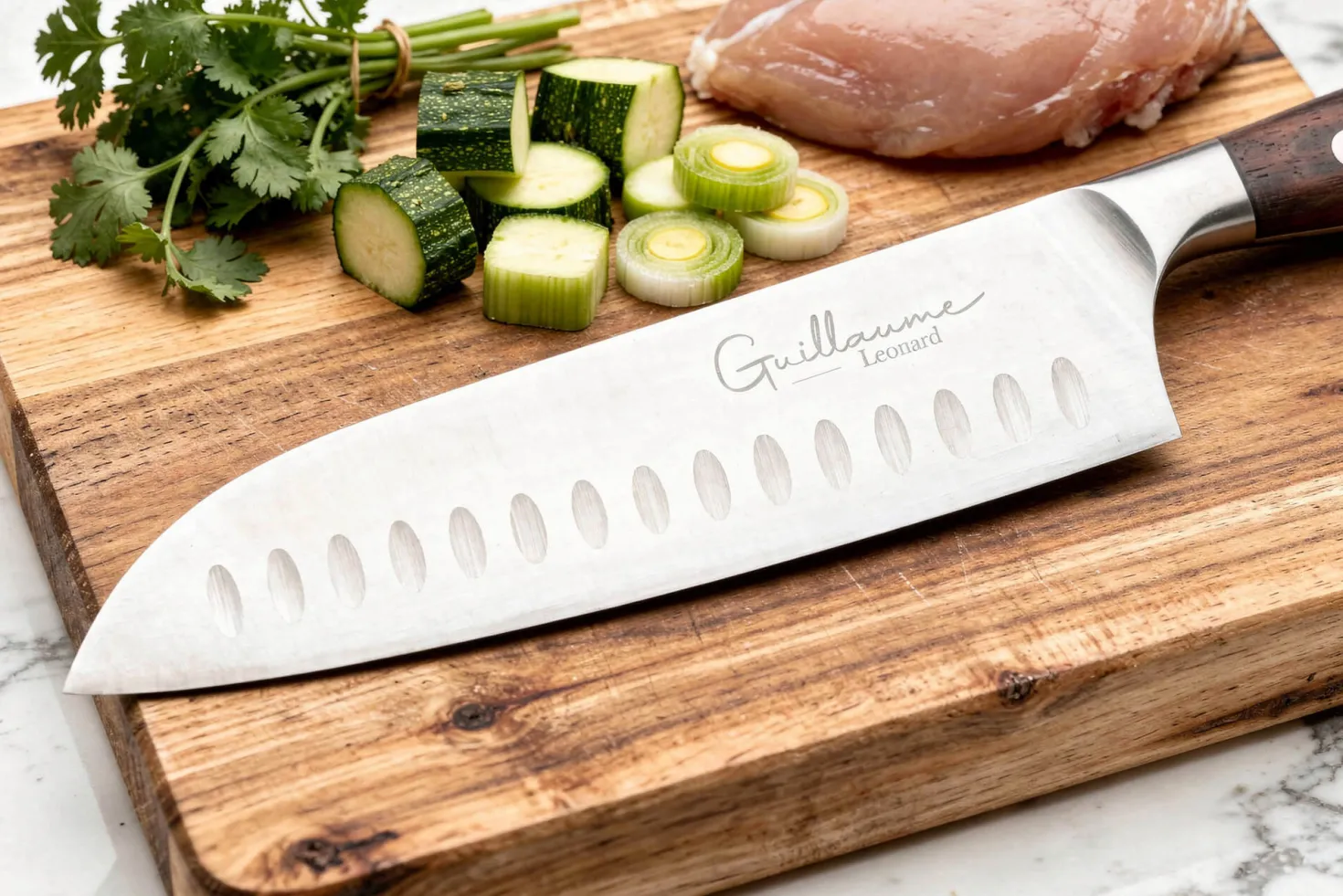 Couteau santoku 17cm Guillaume Leonard Cuistot en acier inoxydable et bois de santal rouge