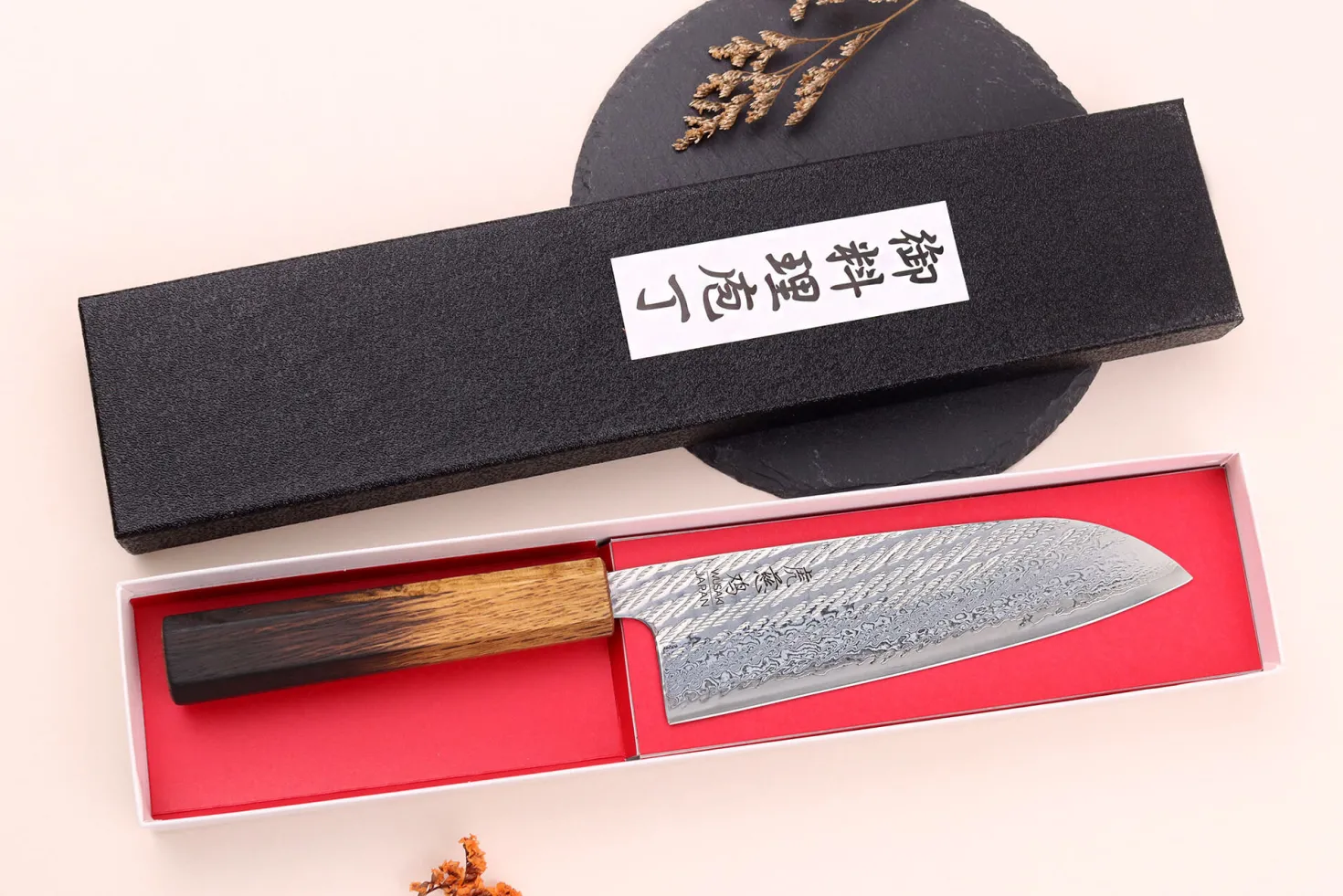 Couteau santoku 16,5cm japonais artisanal Wusaki Nawame AUS10 damas
