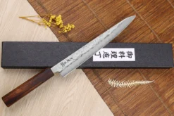 Couteau sujihiki japonais artisanal Wusaki Yoshi G3 chêne 24cm